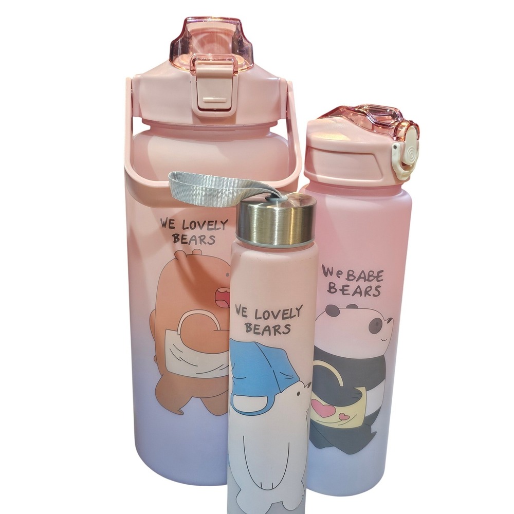 Set of 3 Adorable Pink Water Bottles We‎ Lovely Bears Panda Ice Bear Design
